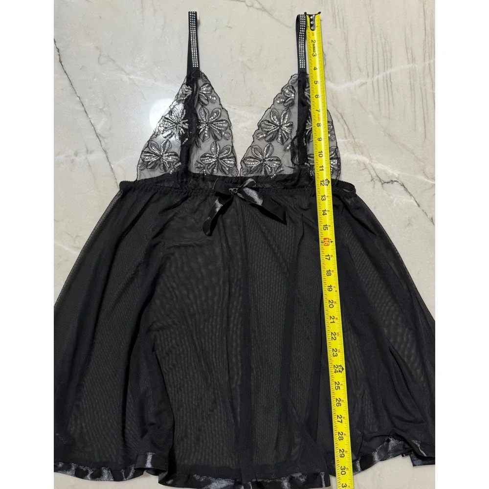Black Sheer Mesh Babydoll Chemise Floral Lace Sequin Rhinestone Straps Size 2X